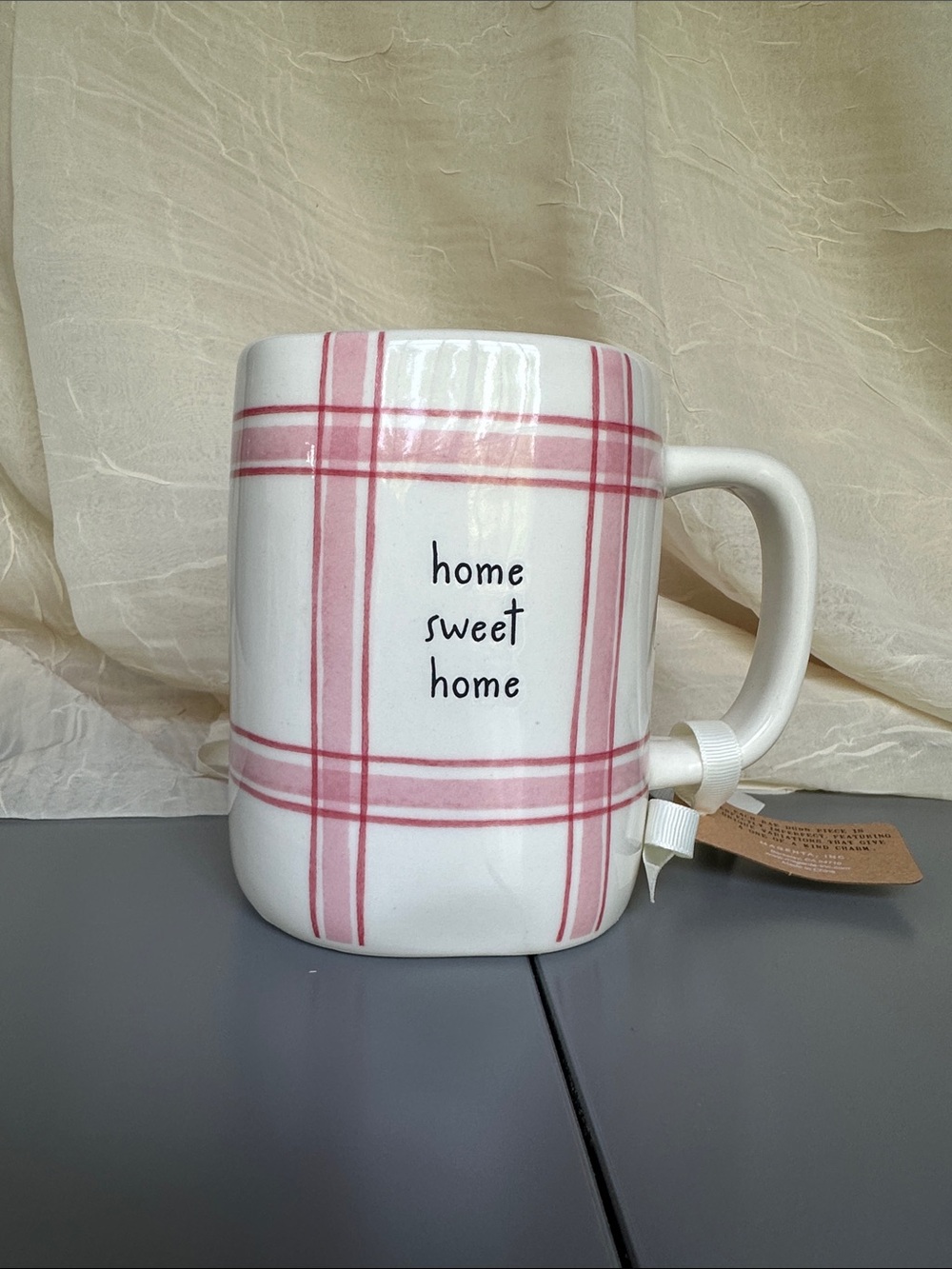 NWT Rae Dun Home Sweet Home Pink  Plaid Ceramic Floral Rim Mug